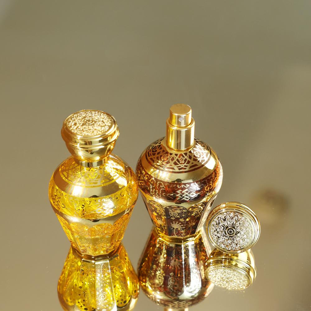Refillable Custom Alloy Bronze 50ml Perfume Bottle Arab Metal Glass Essential Oil Electroplating Empty Glass Perfume Bottle