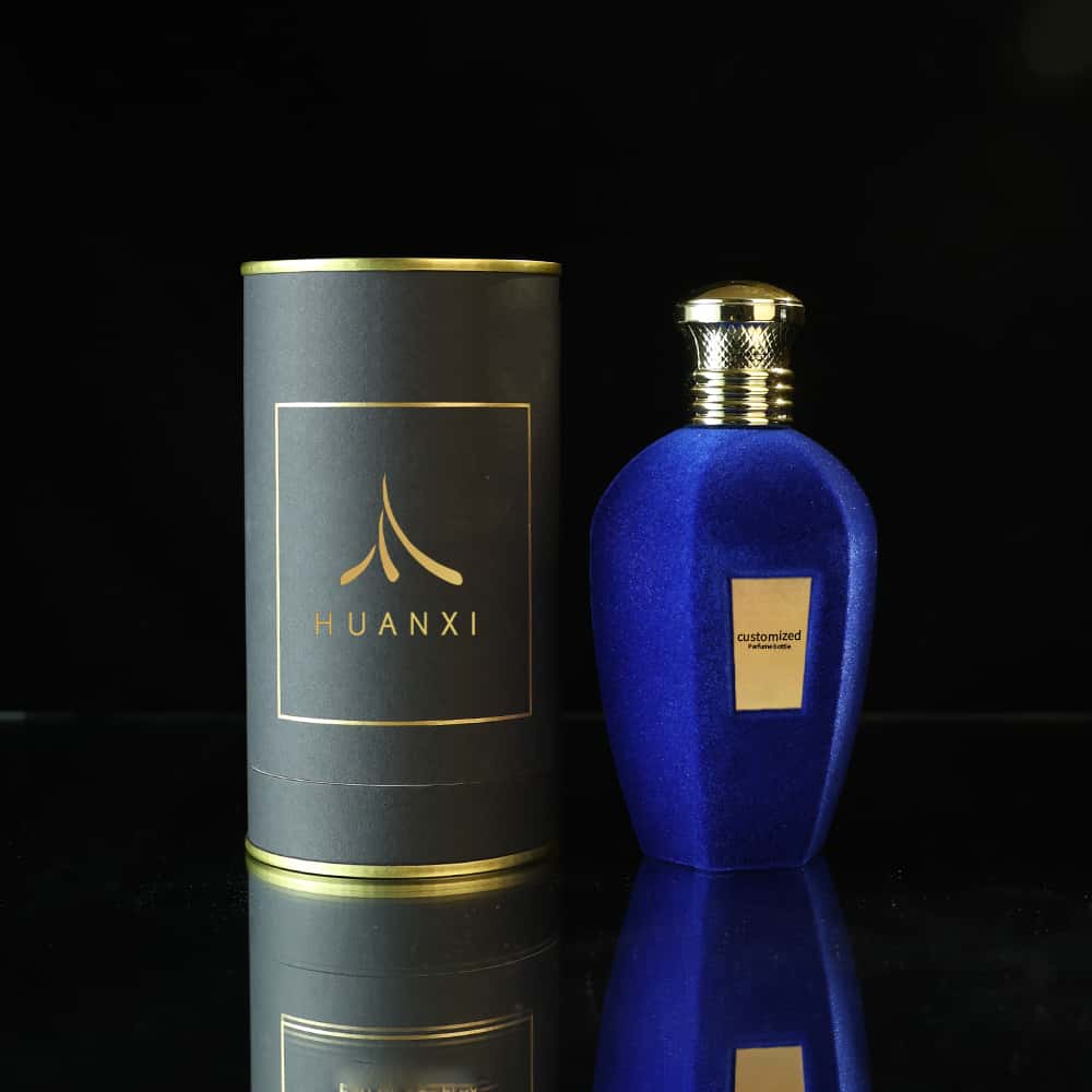Flat Shape Luxury Empty Flocked Velvet Round Crimp Perfume Glass Bottle with Gold Metal Label 