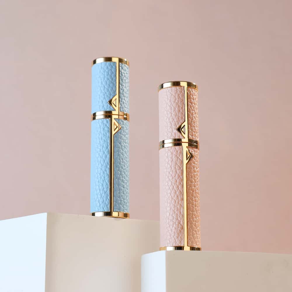 Luxury Leather-Wrapped Perfume Bottles – Ebony/Ivory/Sky Blue/Blush Pink with Gold Accents